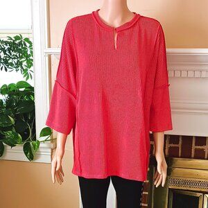Blumin Orange Ribbed Top L Short Dolman Sleeve Split Neck Slub
